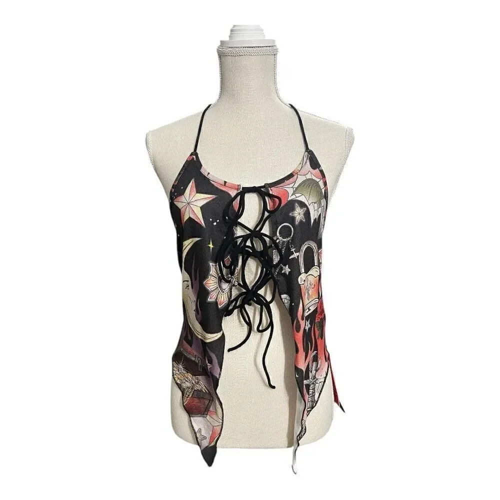Romwe Black Multicolor Moon Floral Print Halter Top Size L Lace Up Open Back - Picture 2 of 10